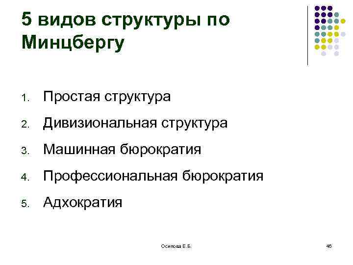 5 видов структуры по Минцбергу 1. Простая структура 2. Дивизиональная структура 3. Машинная бюрократия