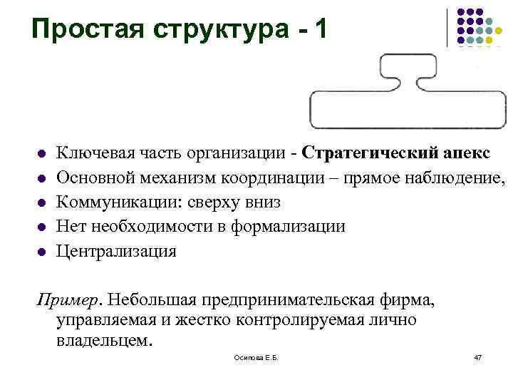 Простая структура - 1 l l l Ключевая часть организации - Стратегический апекс Основной