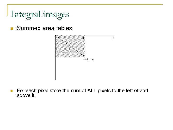 Integral images Summed area tables For each pixel store the sum of ALL pixels