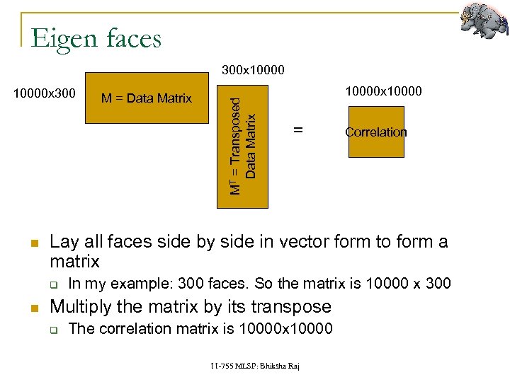 Eigen faces 10000 x 300 10000 x 10000 = Correlation Lay all faces side