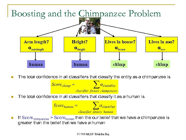 Boosting and the Chimpanzee Problem Arm length? aarmlength Height? aheight Lives in house? ahouse