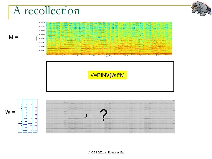A recollection M= V=PINV(W)*M W= U= ? 11 -755 MLSP: Bhiksha Raj 