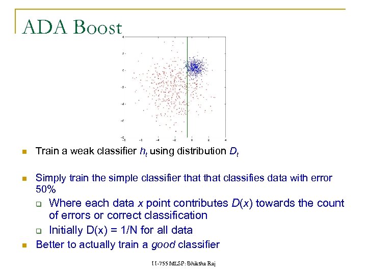 ADA Boost Train a weak classifier ht using distribution Dt Simply train the simple