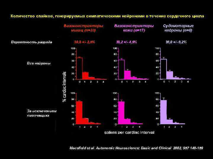 Количество спайков, генерируемых симпатическими нейронами в течение сердечного цикла Вазоконстрикторы мышц (n=33) Вероятность разряда