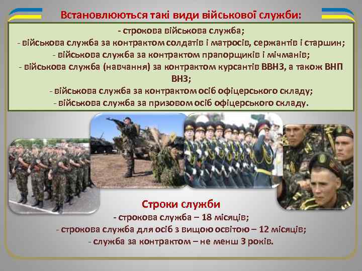 Встановлюються такі види військової служби: - строкова військова служба; - військова служба за контрактом