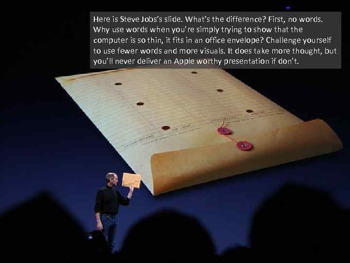 Here is Steve Jobs’s slide. What’s the difference? First, no words. Why use words