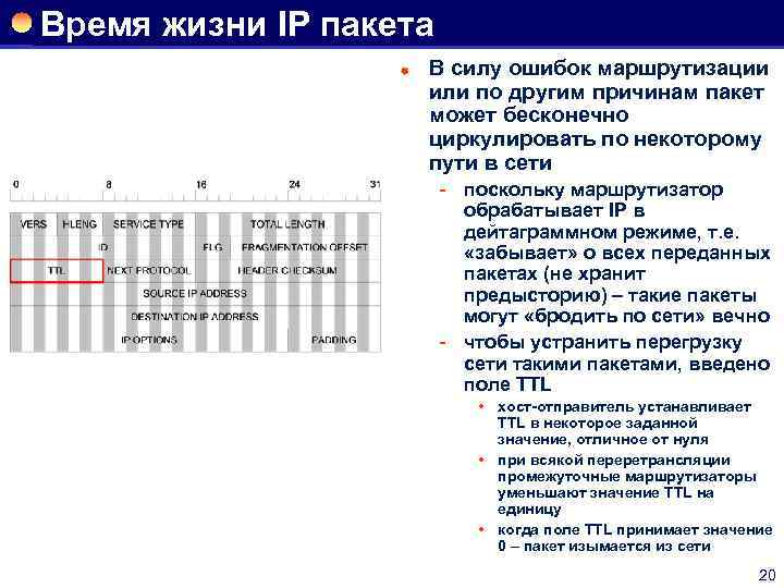 Время жизни IP пакета ® В силу ошибок маршрутизации или по другим причинам пакет