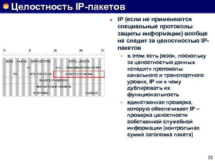 Целостность IP-пакетов ® IP (если не применяются специальные протоколы защиты информации) вообще не следит