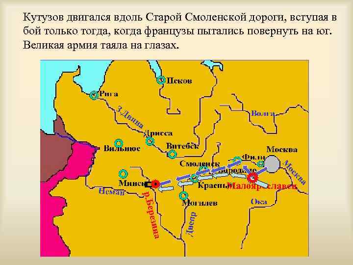 Кутузов двигался вдоль Старой Смоленской дороги, вступая в бой только тогда, когда французы пытались