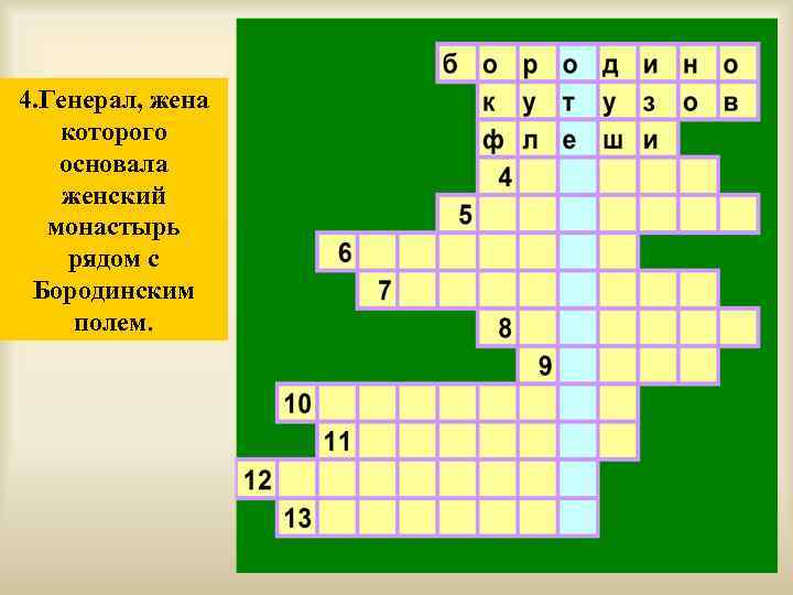 4. Генерал, жена которого основала женский монастырь рядом с Бородинским полем. 