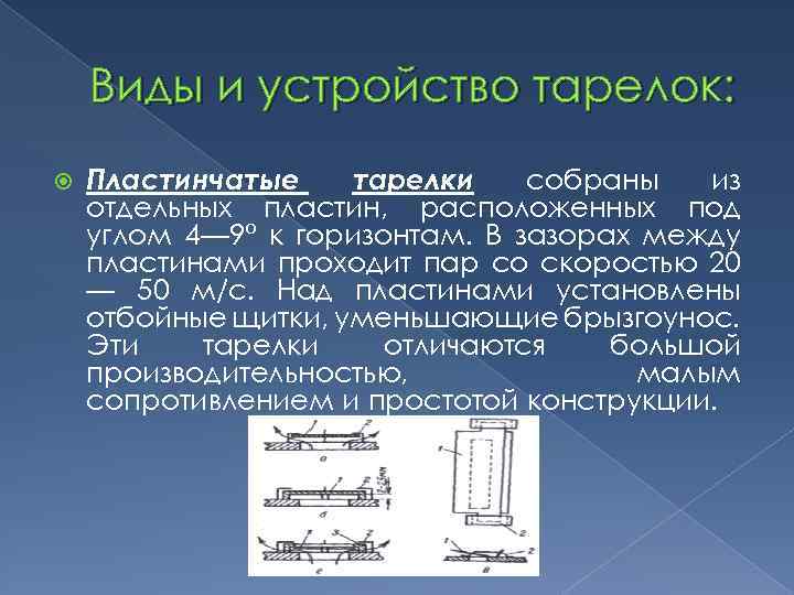 Виды и устройство тарелок: Пластинчатые тарелки собраны из отдельных пластин, расположенных под углом 4—