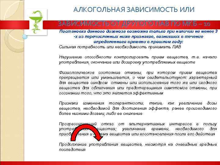 АЛКОГОЛЬНАЯ ЗАВИСИМОСТЬ ИЛИ ЗАВИСИМОСТЬ ОТ ДРУГОГО ПАВ ПО МКБ – 10 Постановка данного диагноза