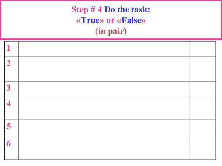 Step # 4 Do the task: «True» or «False» (in pair) 1 2 3