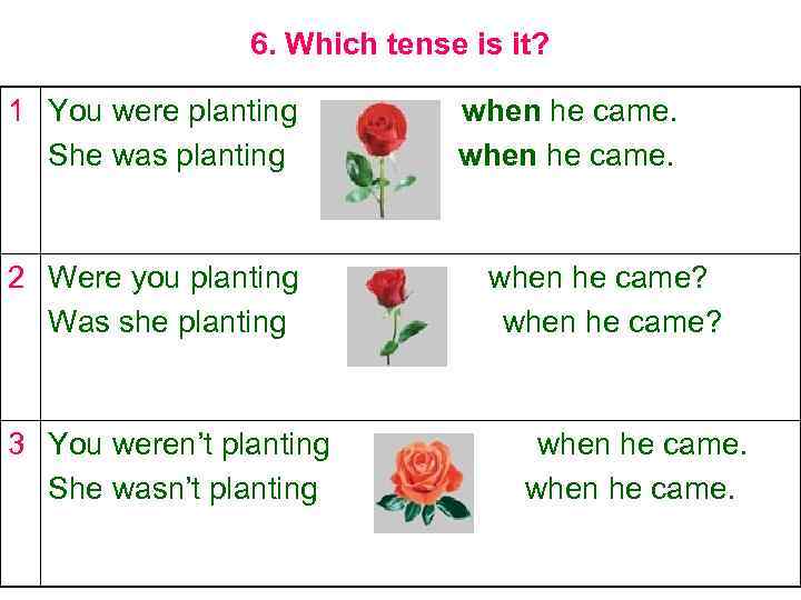 6. Which tense is it? 1 You were planting She was planting 2 Were