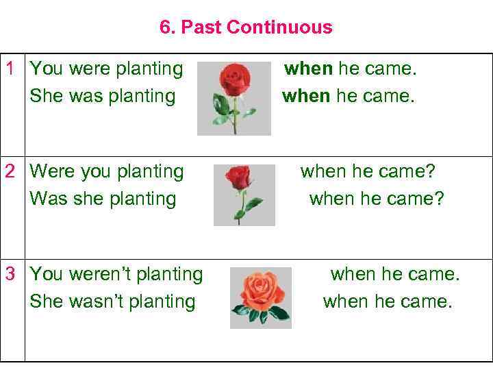 6. Past Continuous 1 You were planting She was planting 2 Were you planting