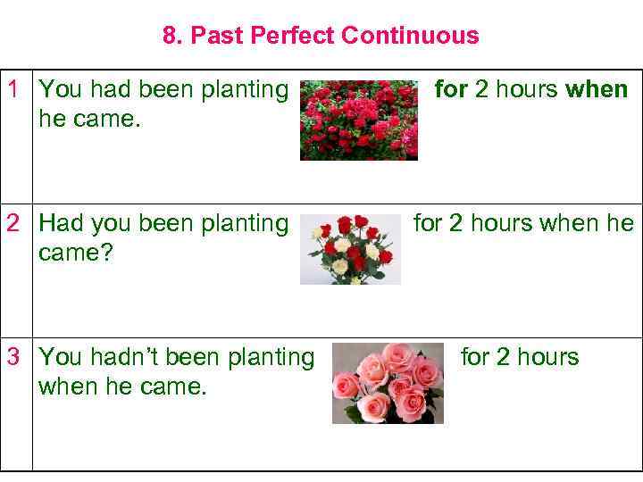 8. Past Perfect Continuous 1 You had been planting he came. for 2 hours