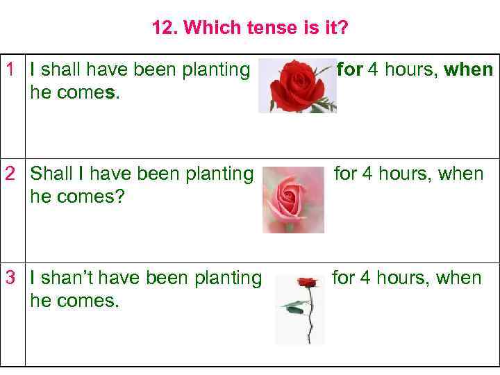 12. Which tense is it? 1 I shall have been planting he comes. for