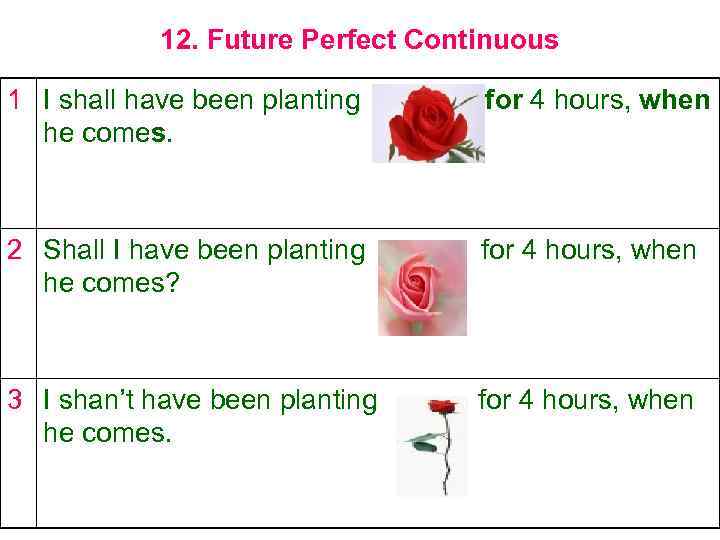 12. Future Perfect Continuous 1 I shall have been planting he comes. for 4