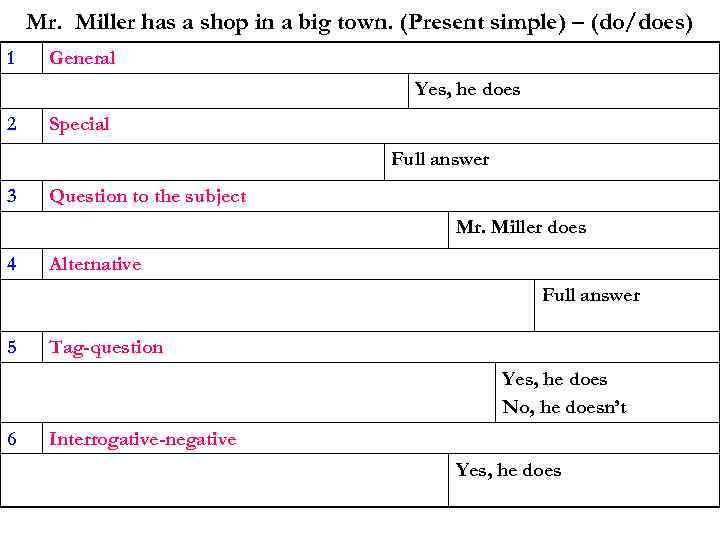 Mr. Miller has a shop in a big town. (Present simple) – (do/does) 1