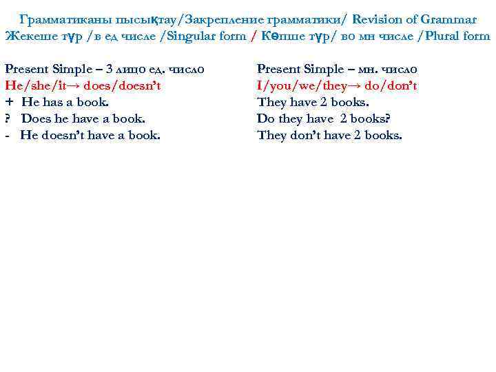 Грамматиканы пысықтау/Закрепление грамматики/ Revision of Grammar Жекеше түр /в ед числе /Singular form /