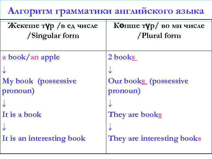 Алгоритм грамматики английского языка Жекеше түр /в ед числе /Singular form a book/an apple