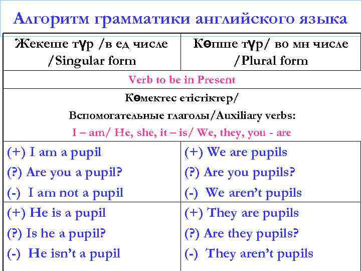 Алгоритм грамматики английского языка Жекеше түр /в ед числе /Singular form Көпше түр/ во