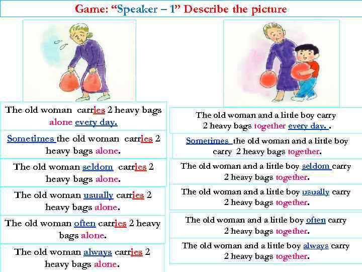 Game: “Speaker – 1” Describe the picture The old woman carries 2 heavy bags