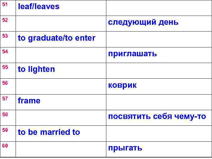 51 leaf/leaves 52 53 следующий день to graduate/to enter 54 55 приглашать to lighten