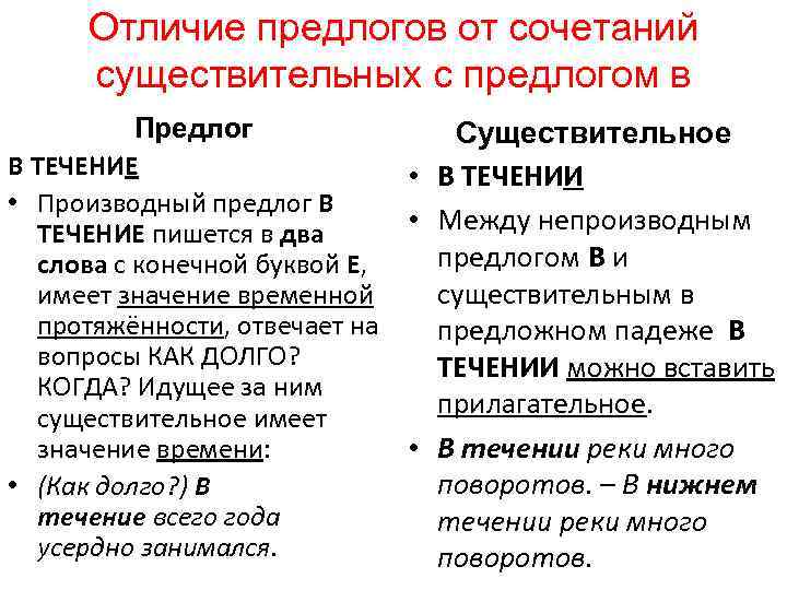 Отличие предлогов от сочетаний существительных с предлогом в Предлог Существительное В ТЕЧЕНИЕ • В
