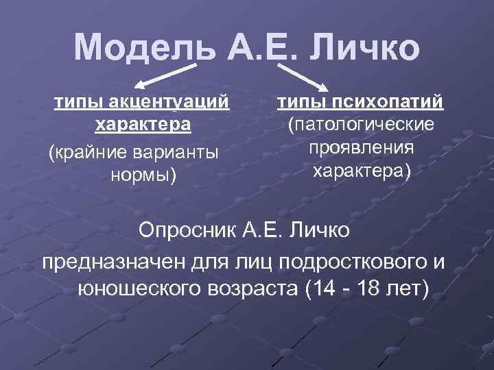 Модель А. Е. Личко типы акцентуаций характера (крайние варианты нормы) типы психопатий (патологические проявления