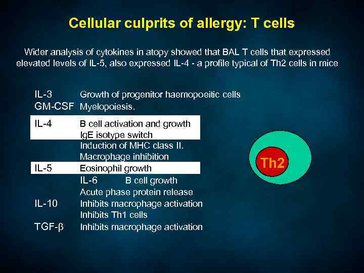 Cellular culprits of allergy: T cells Wider analysis of cytokines in atopy showed that