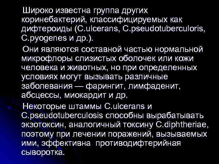 Широко известна группа других коринебактерий, классифицируемых как дифтероиды (C. ulcerans, C. pseudotuberculoris, C. pyogenes