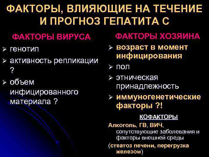ФАКТОРЫ, ВЛИЯЮЩИЕ НА ТЕЧЕНИЕ И ПРОГНОЗ ГЕПАТИТА С Ø Ø Ø ФАКТОРЫ ВИРУСА генотип