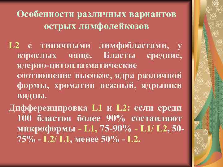 Особенности различных вариантов острых лимфолейкозов L 2 с типичными лимфобластами, у взрослых чаще. Бласты