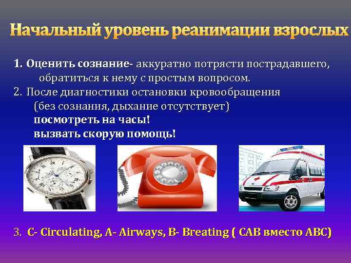 Начальный уровень реанимации взрослых 1. Оценить сознание- аккуратно потрясти пострадавшего, обратиться к нему с