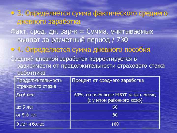  • 3. Определяется сумма фактического среднего дневного заработка Факт. сред. дн. зар-к =