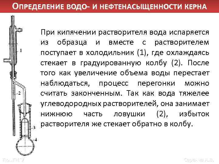 ОПРЕДЕЛЕНИЕ ВОДО- И НЕФТЕНАСЫЩЕННОСТИ КЕРНА При кипячении растворителя вода испаряется из образца и вместе