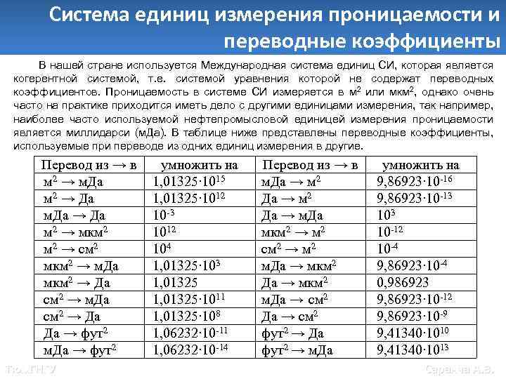 Система единиц измерения проницаемости и переводные коэффициенты В нашей стране используется Международная система единиц