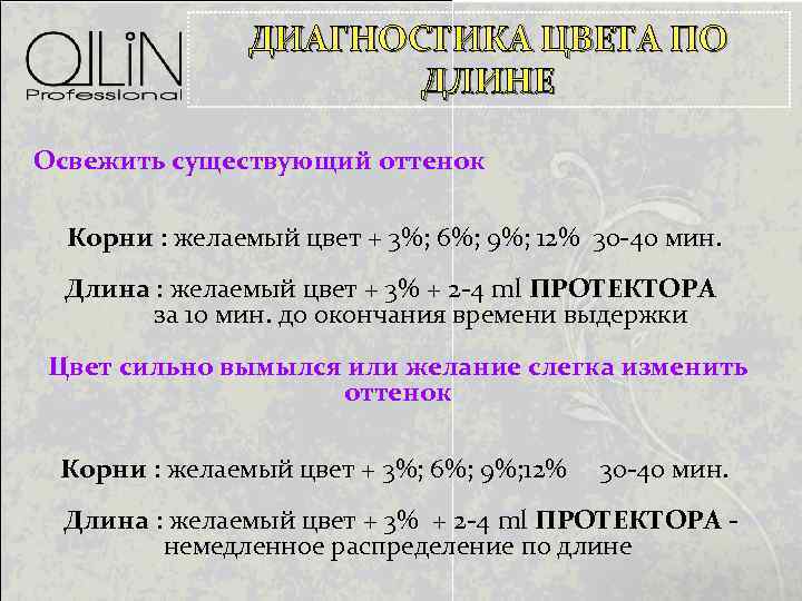 ДИАГНОСТИКА ЦВЕТА ПО ДЛИНЕ Освежить существующий оттенок Корни : желаемый цвет + 3%; 6%;