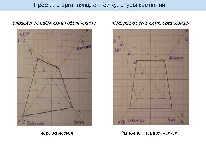 Профиль организационной культуры компании Управление наёмными работниками иерархическая Связующая сущность организации Рыночно - иерархическая