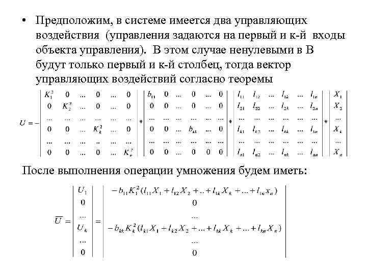  • Предположим, в системе имеется два управляющих воздействия (управления задаются на первый и