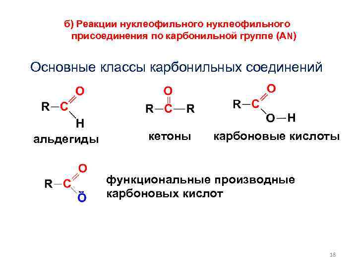 б) Реакции нуклеофильного присоединения по карбонильной группе (АN) Основные классы карбонильных соединений альдегиды кетоны