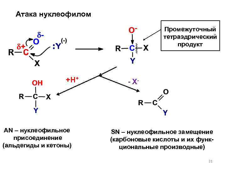 Атака нуклеофилом Промежуточный тетраэдрический продукт +Н+ AN – нуклеофильное присоединение (альдегиды и кетоны) -