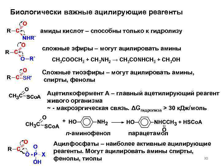 Биологически важные ацилирующие реагенты амиды кислот – способны только к гидролизу сложные эфиры –