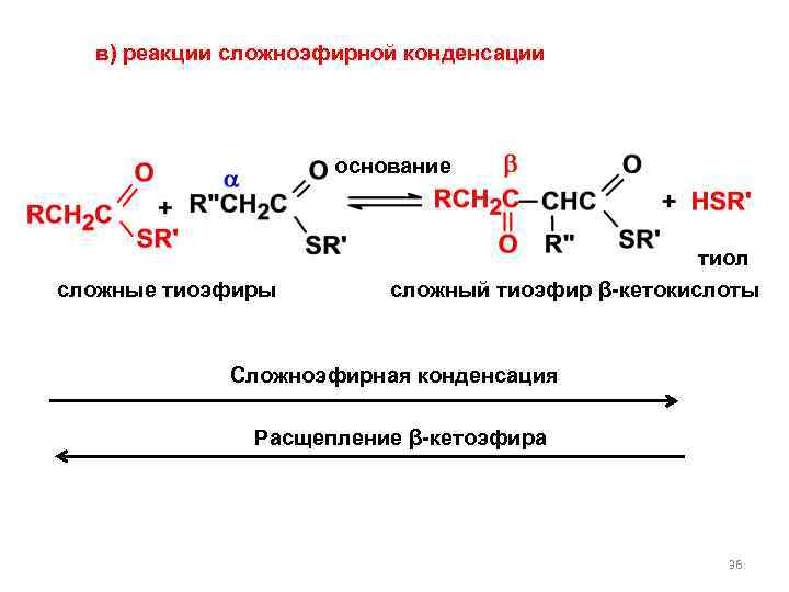 в) реакции сложноэфирной конденсации основание сложные тиоэфиры тиол сложный тиоэфир β-кетокислоты Сложноэфирная конденсация Расщепление