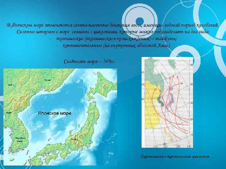 В Японском море отмечаются сгонно нагонные движения воды, имеющие годовой период колебаний. Сильные штормы