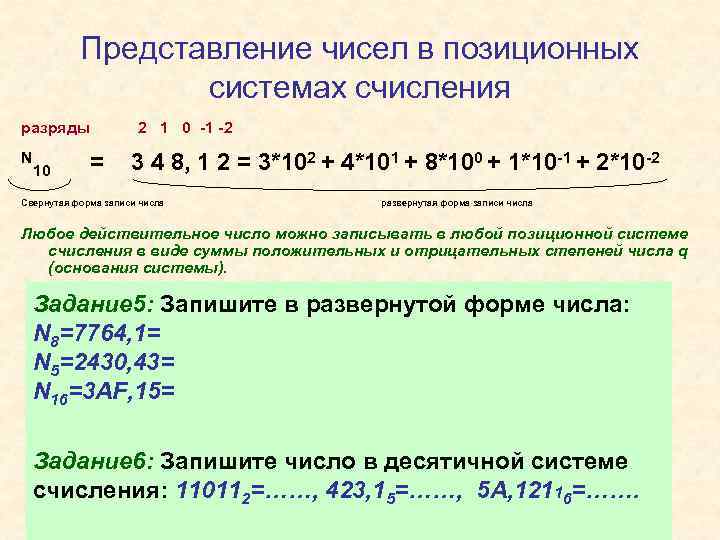 Представление чисел в позиционных системах счисления разряды N 10 = 2 1 0 -1