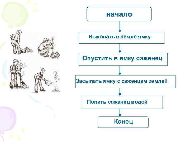 начало Выкопать в земле ямку Опустить в ямку саженец Засыпать ямку с саженцем землей