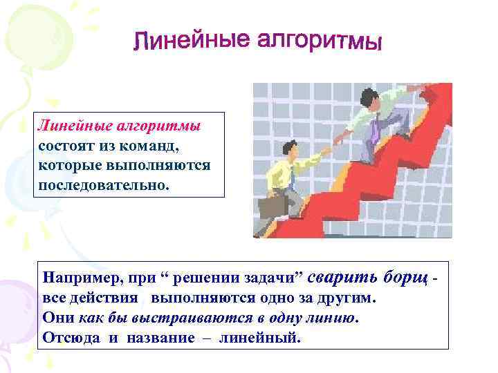 Линейные алгоритмы состоят из команд, которые выполняются последовательно. Например, при “ решении задачи” сварить