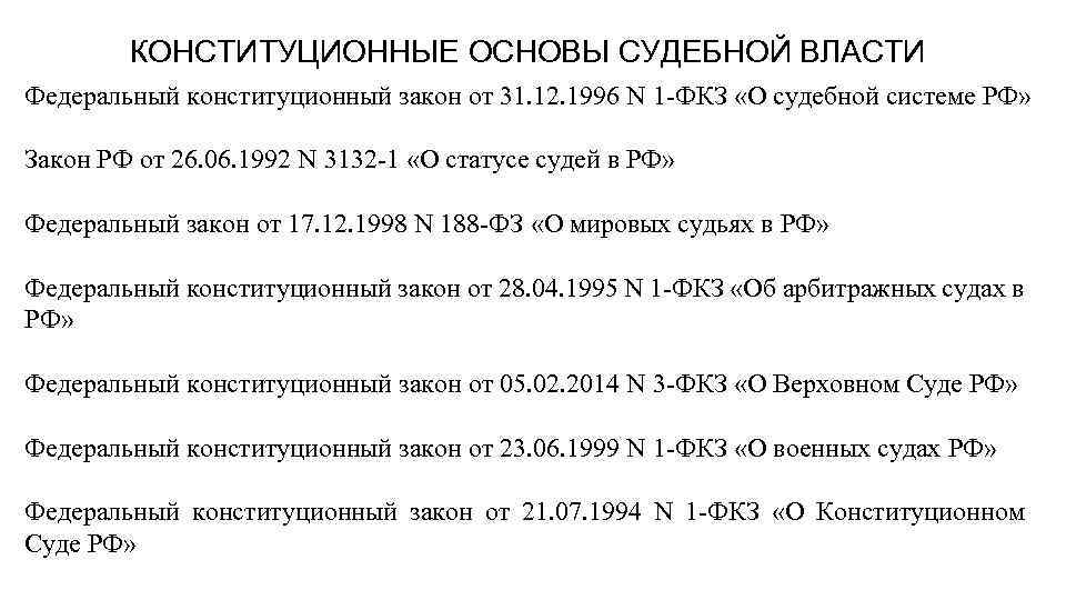 КОНСТИТУЦИОННЫЕ ОСНОВЫ СУДЕБНОЙ ВЛАСТИ Федеральный конституционный закон от 31. 12. 1996 N 1 -ФКЗ